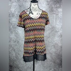 Suzie In The City Multicolor Zigzag Black Nylon Hemline Blouse Size M
